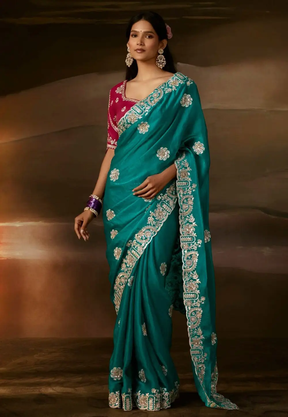 Teal Organza Saree With Blouse 336359
