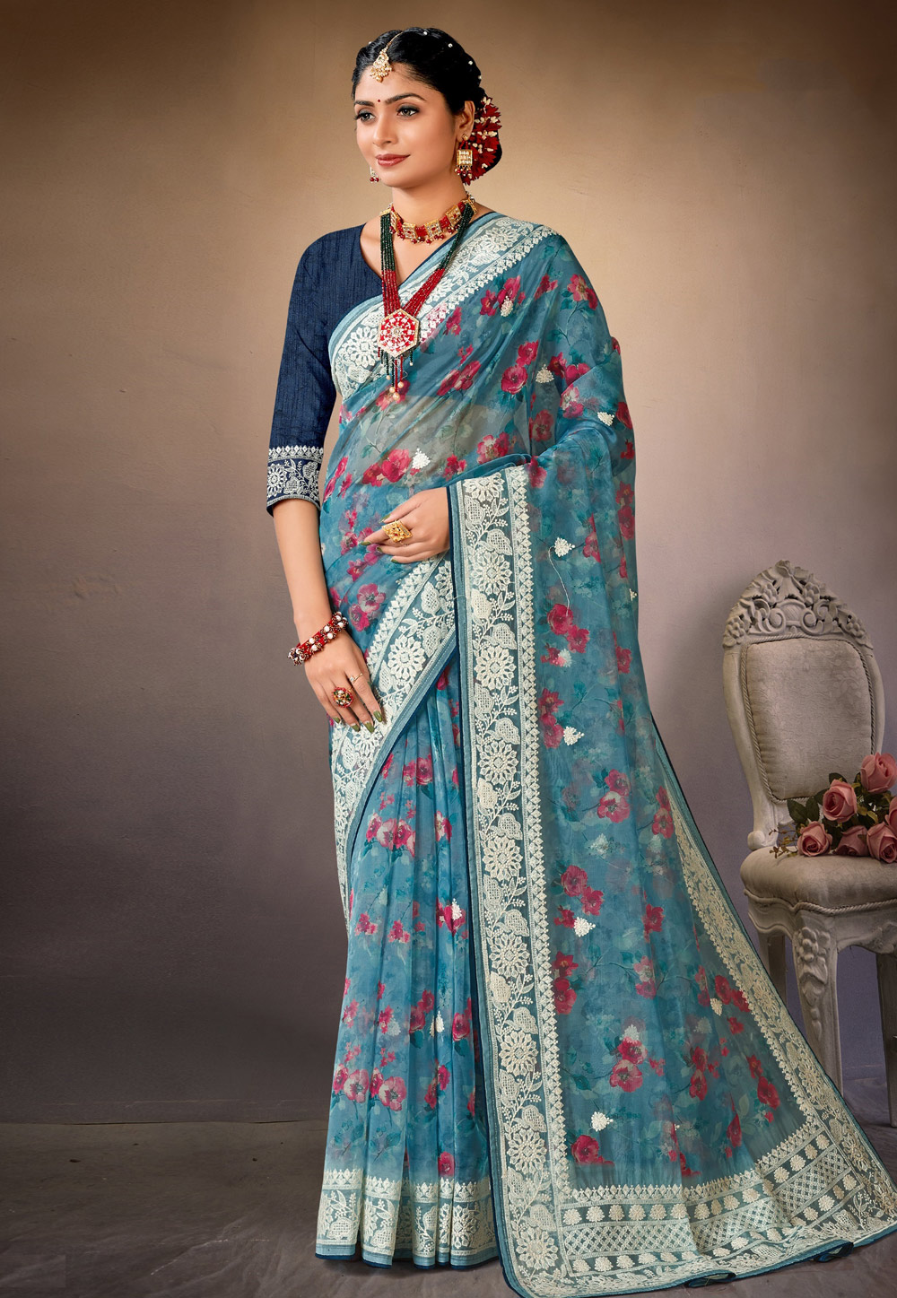 Teal Organza Saree With Blouse 278746
