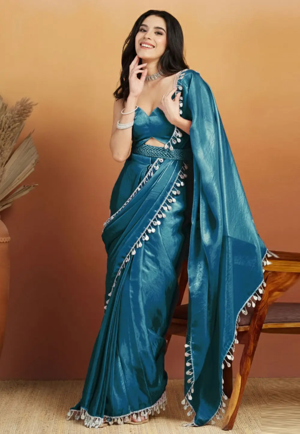 Teal Organza Saree With Blouse 331422
