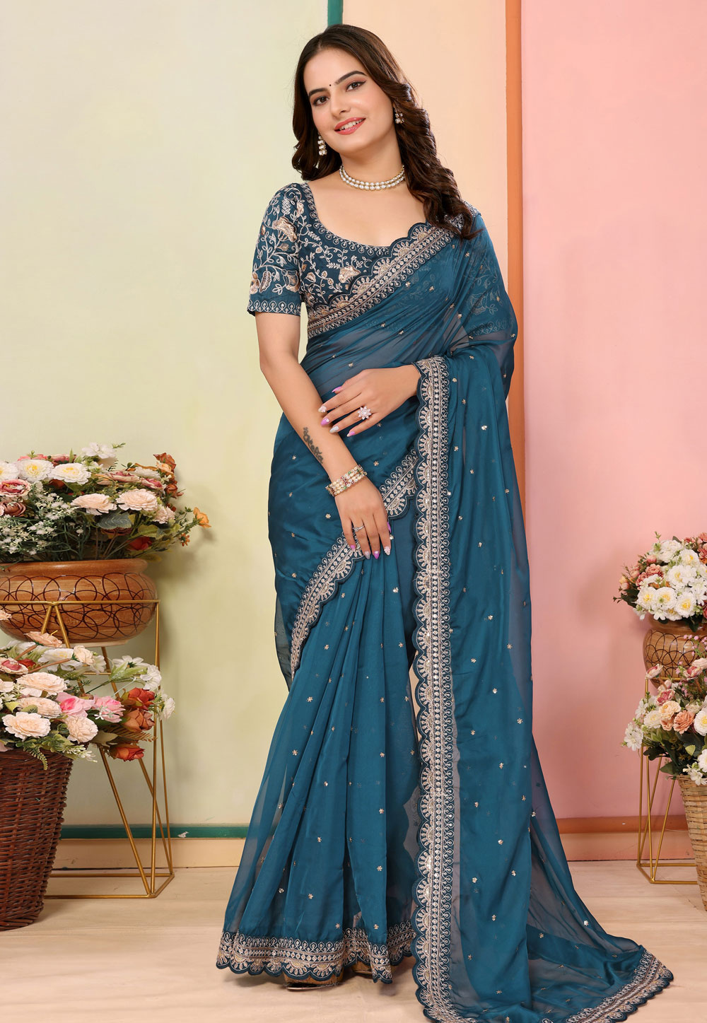 Teal Organza Saree With Blouse 312646