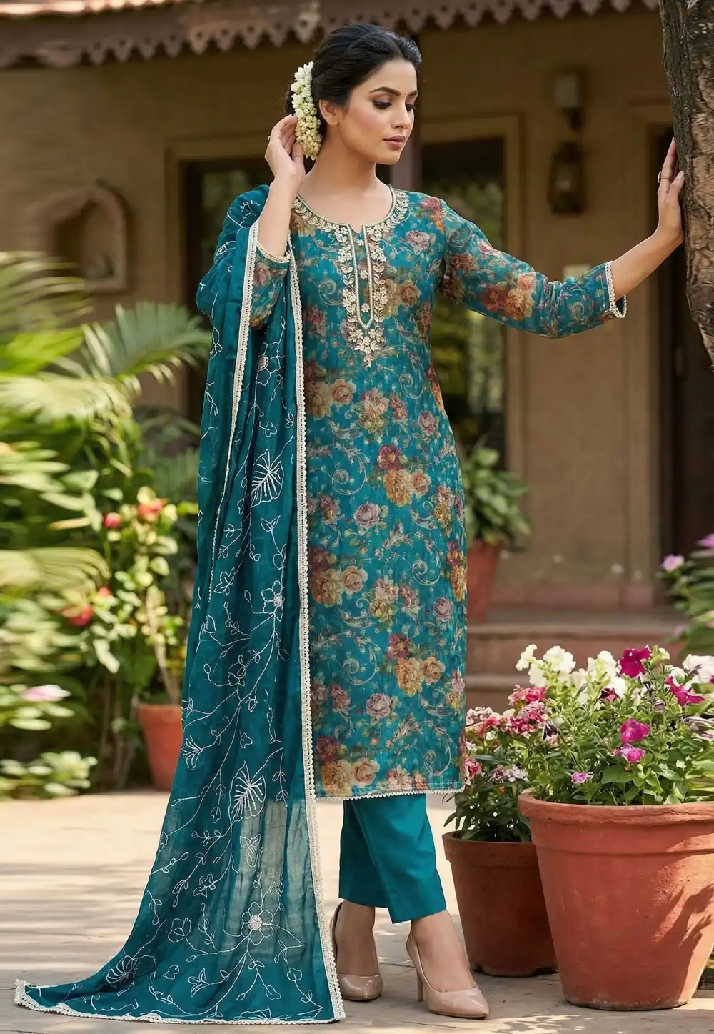 Teal Organza Straight Suit 327437