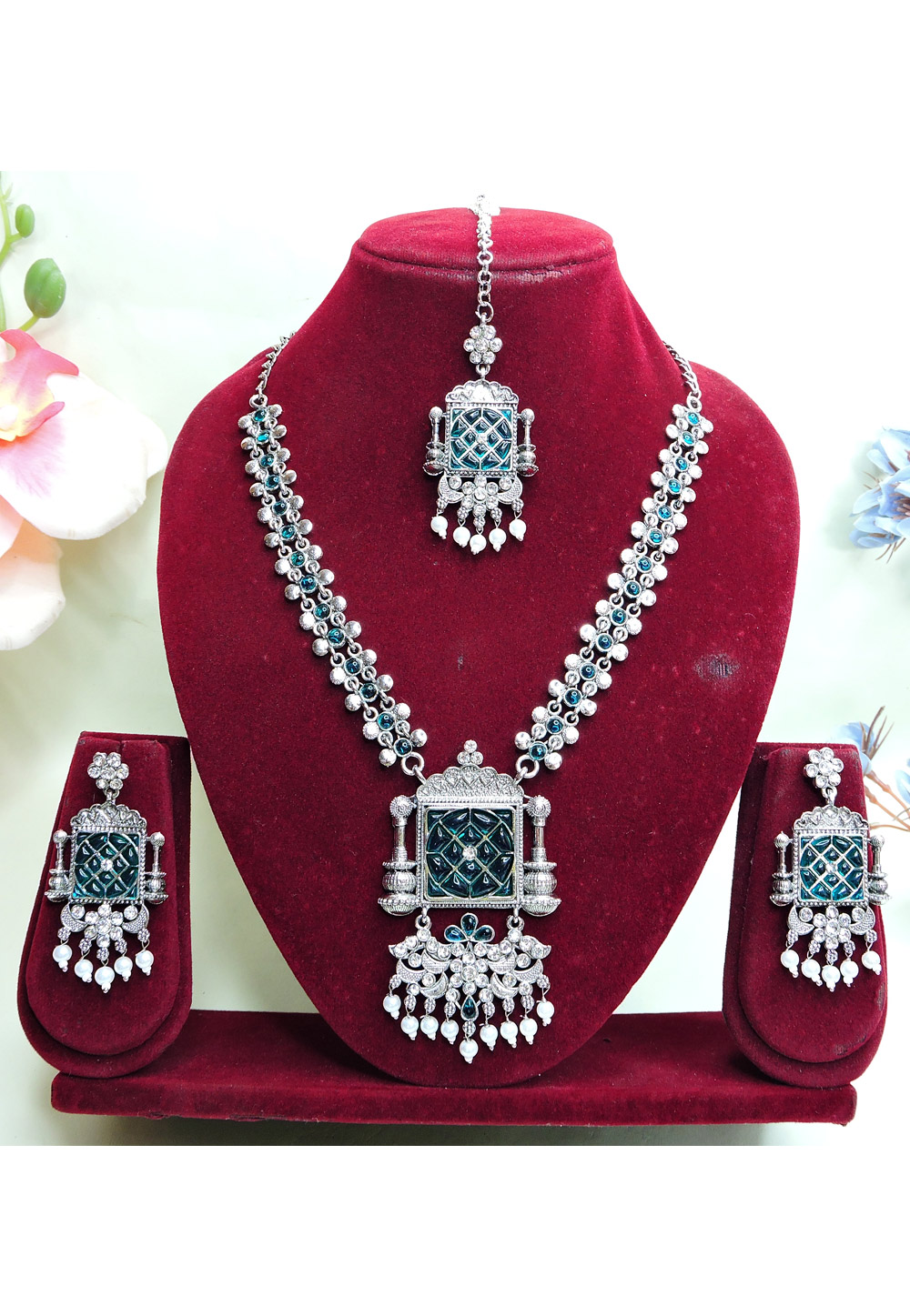 Teal Oxidised Necklace Set With Earrings and Maang Tikka For Navratri 312763
