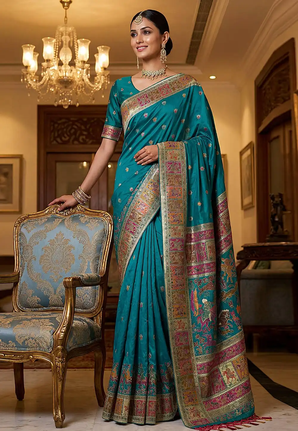 Teal Pashmina Saree With Blouse 327754