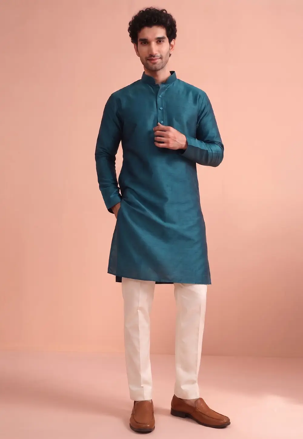 Teal Raw Silk Kurta Pajama 332382