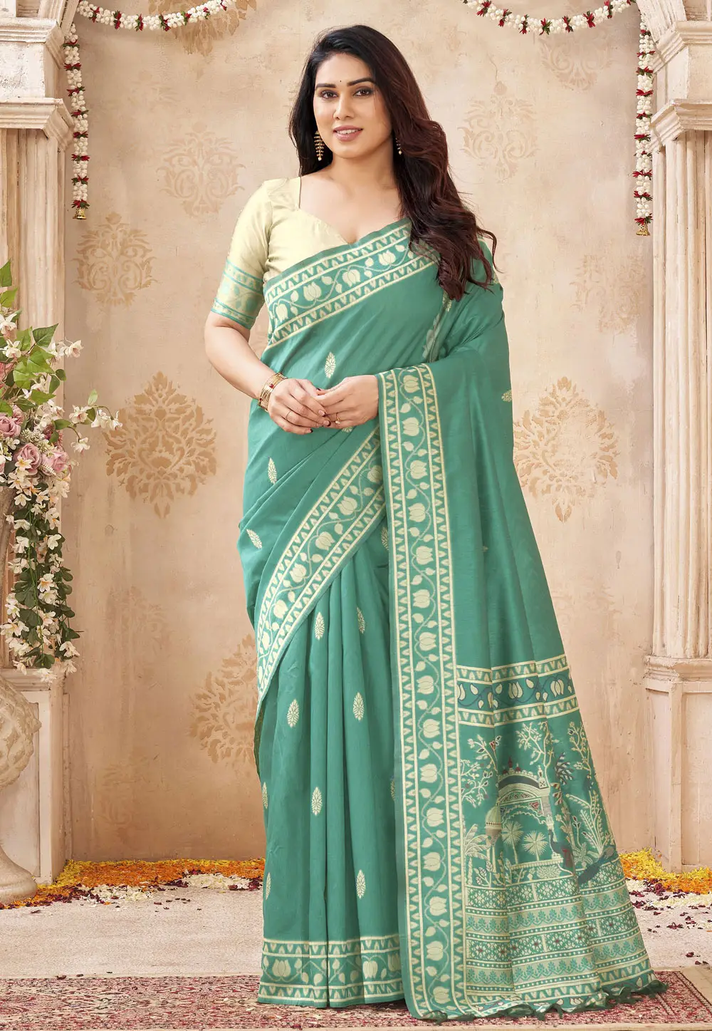 Teal Raw Silk Saree With Blouse 335962