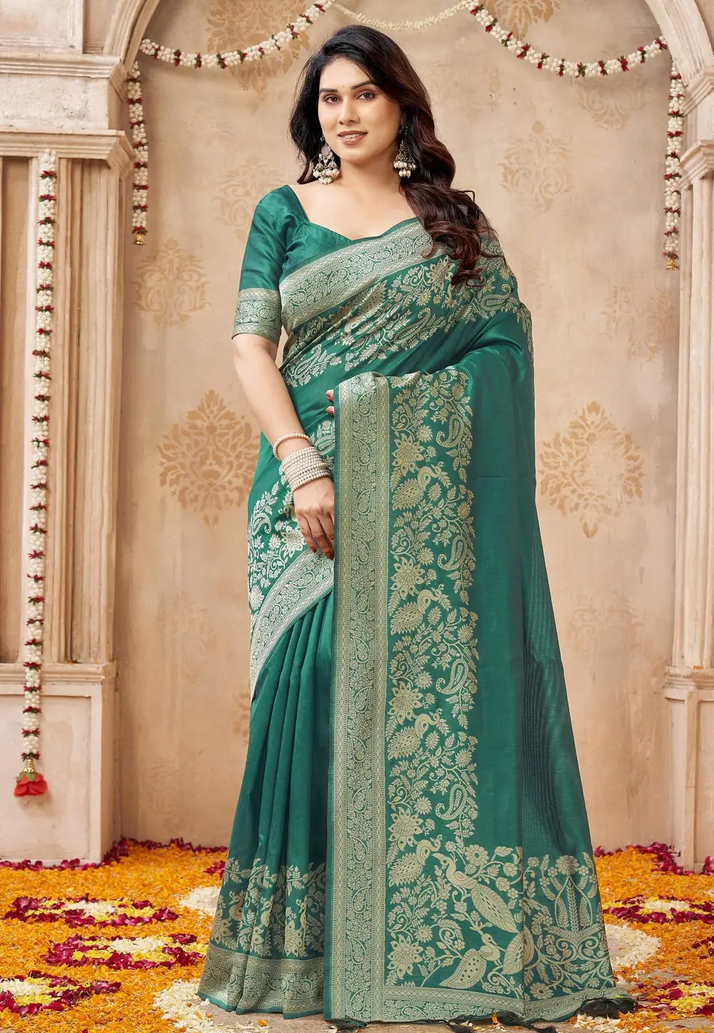 Teal Raw Silk Saree With Blouse 335985