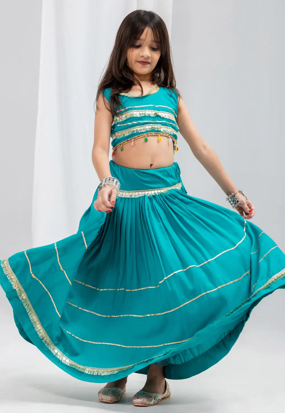 Teal Rayon Girls Navratri Lehenga Choli 335687