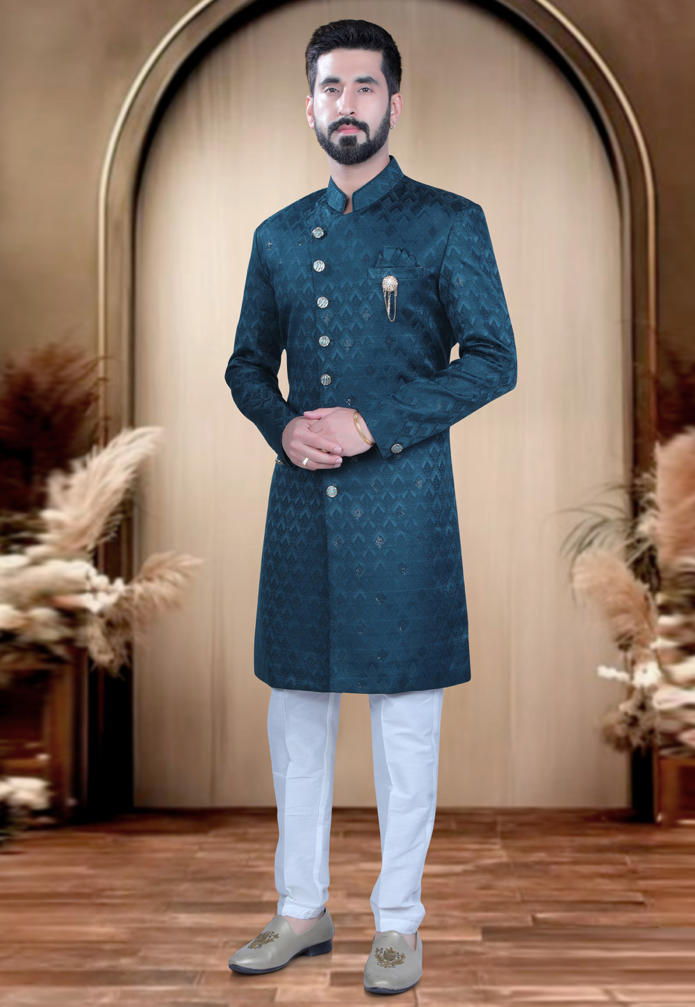 Teal Rayon Indo Western Sherwani 319679
