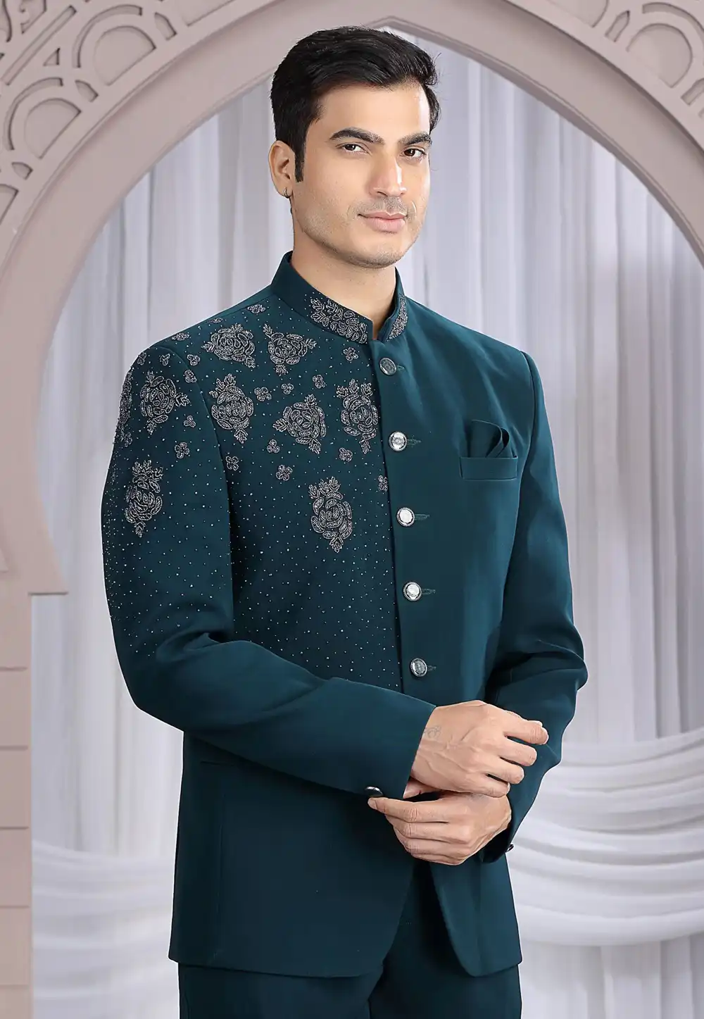Teal Rayon Jodhpuri Suit 319128