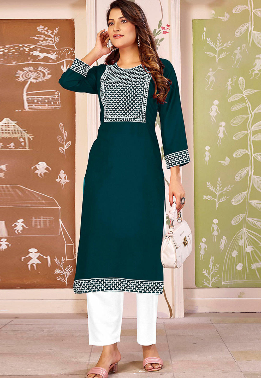 Teal Rayon Kurta Set With Pent 324120