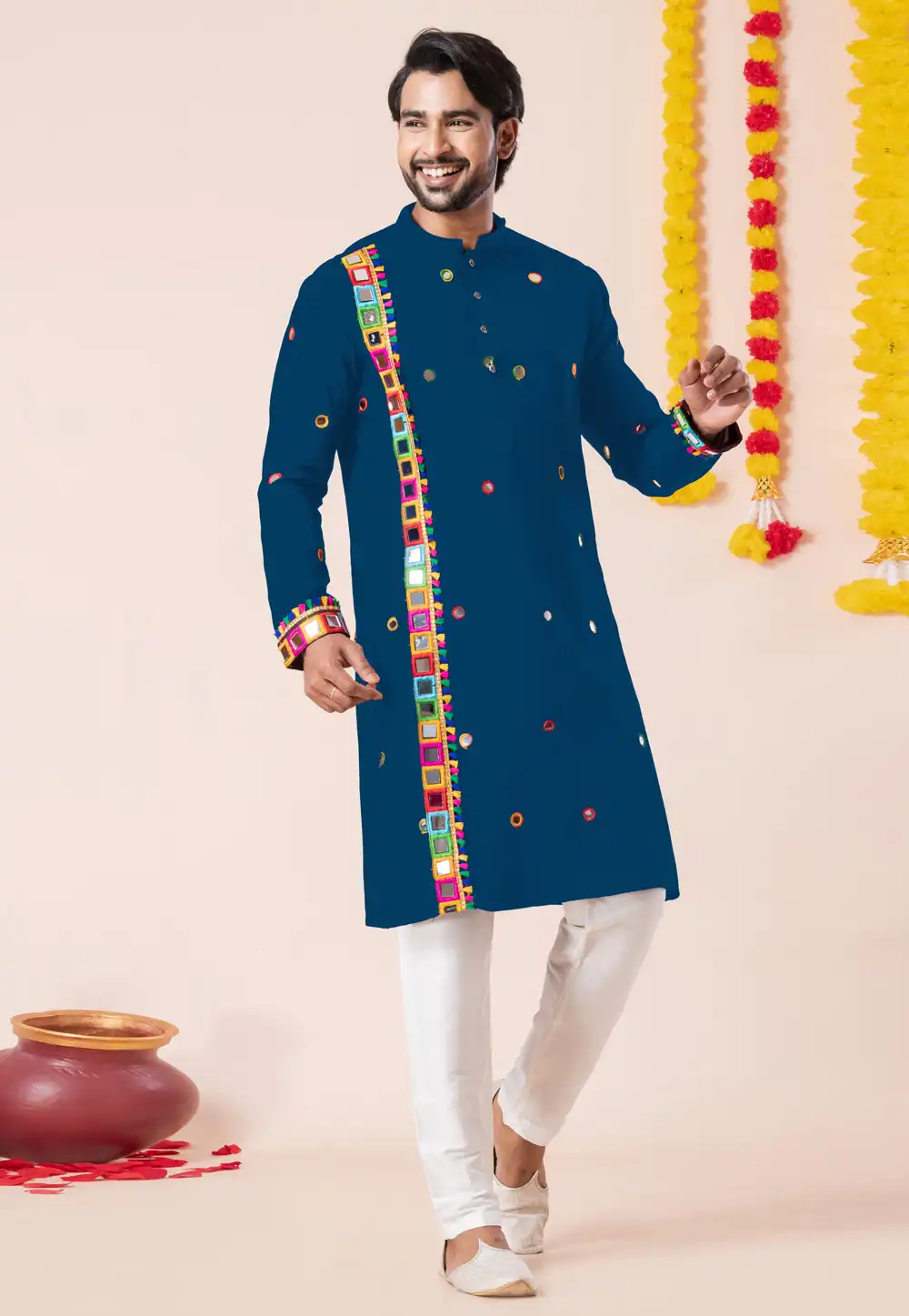 Teal Rayon Navratri Kurta Pajama 315892
