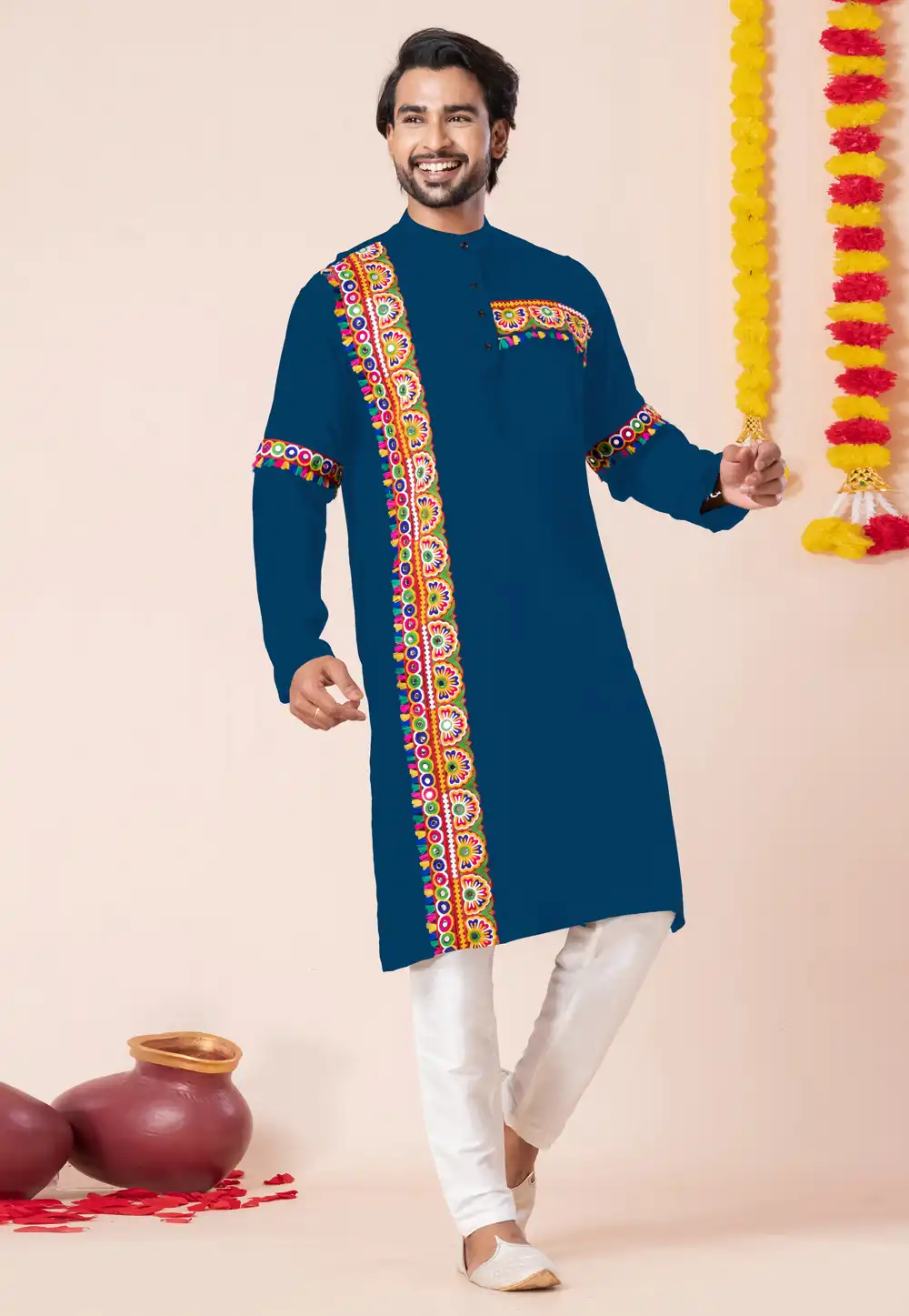 Teal Rayon Navratri Kurta Pajama 315904