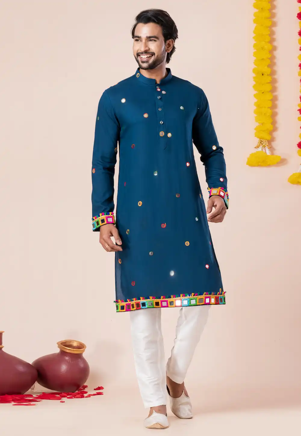 Teal Rayon Navratri Kurta Pajama 315929