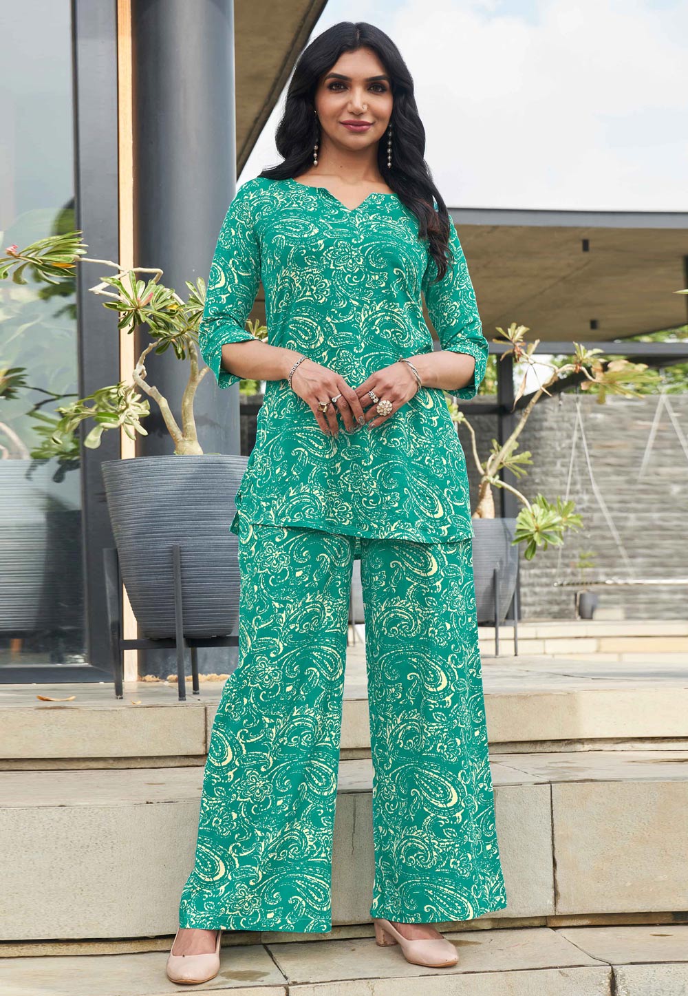 Teal Rayon Printed Co-Ords Set 328655