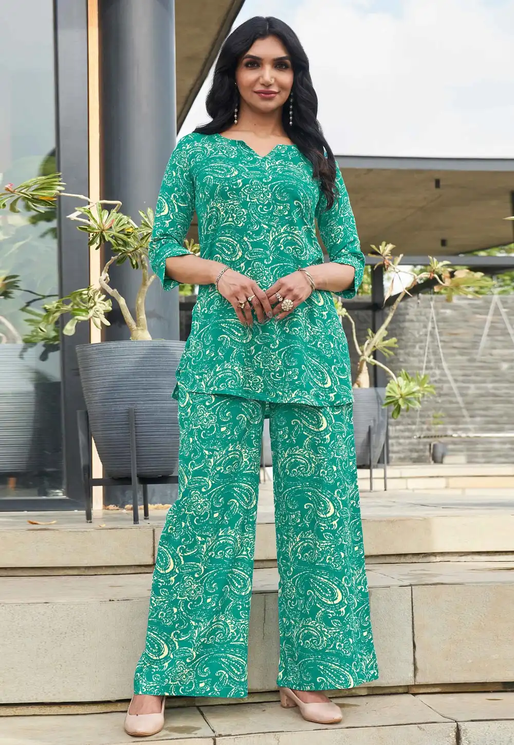 Teal Rayon Printed Co-Ords Set 328655