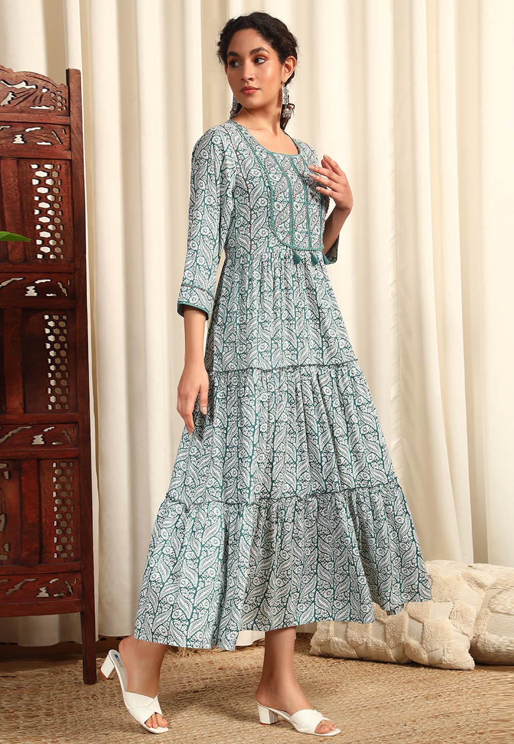 Teal Rayon Printed Gown 320574