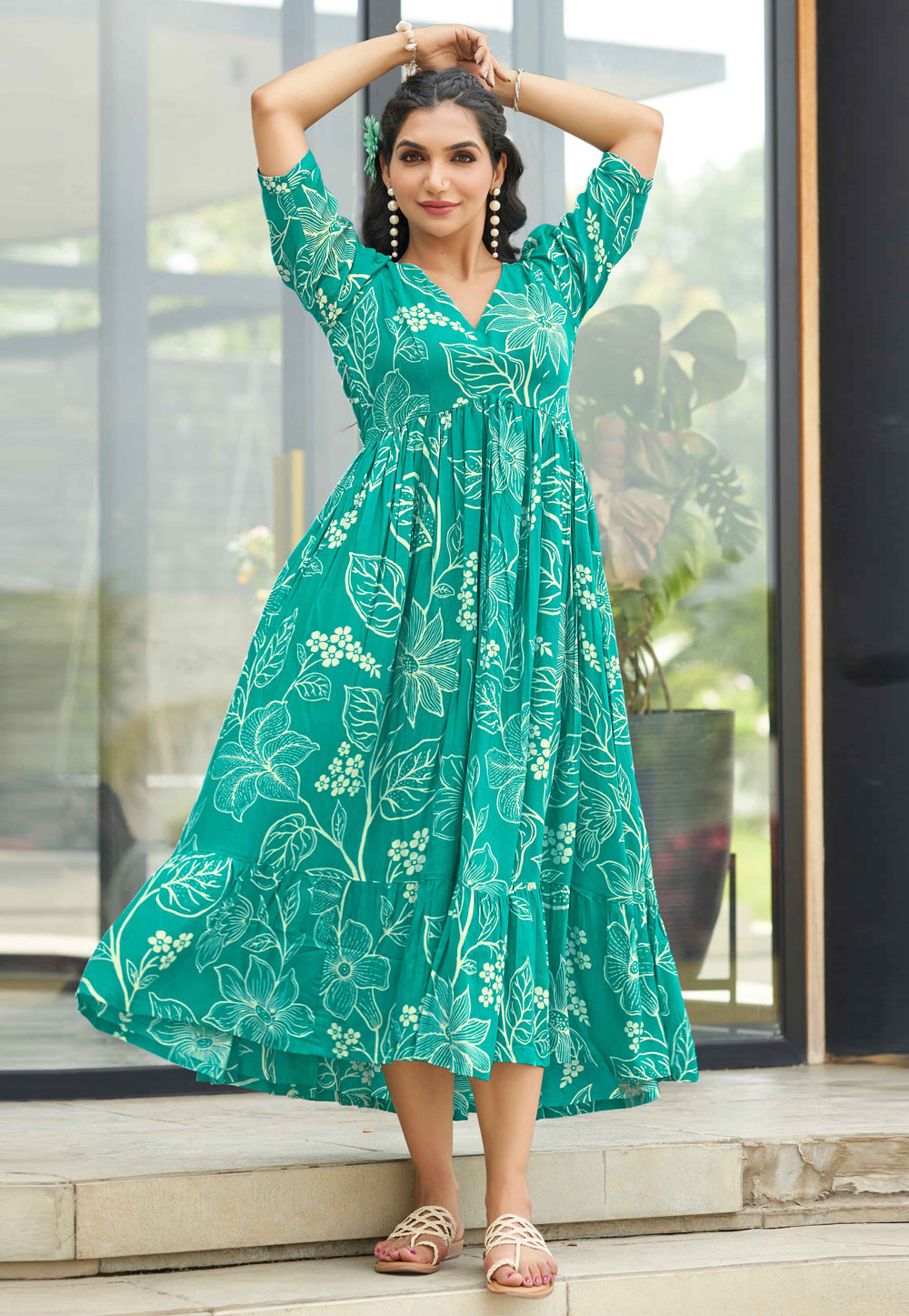 Teal Rayon Printed Gown 328645