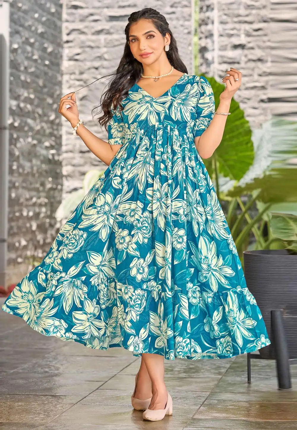 Teal Rayon Printed Gown 328651