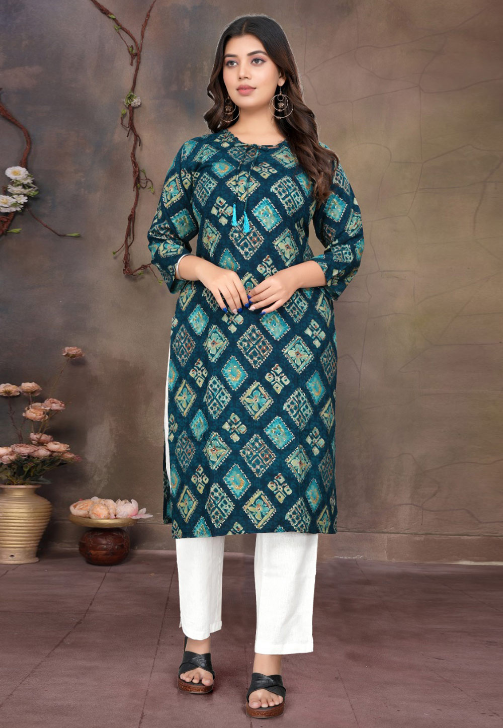 Teal Rayon Printed Long Kurti 312625