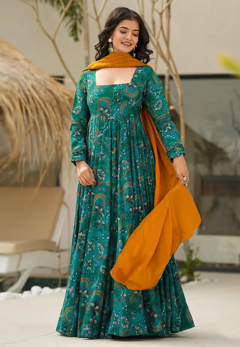 Teal Rayon Readymade Anarkali Suit 308281