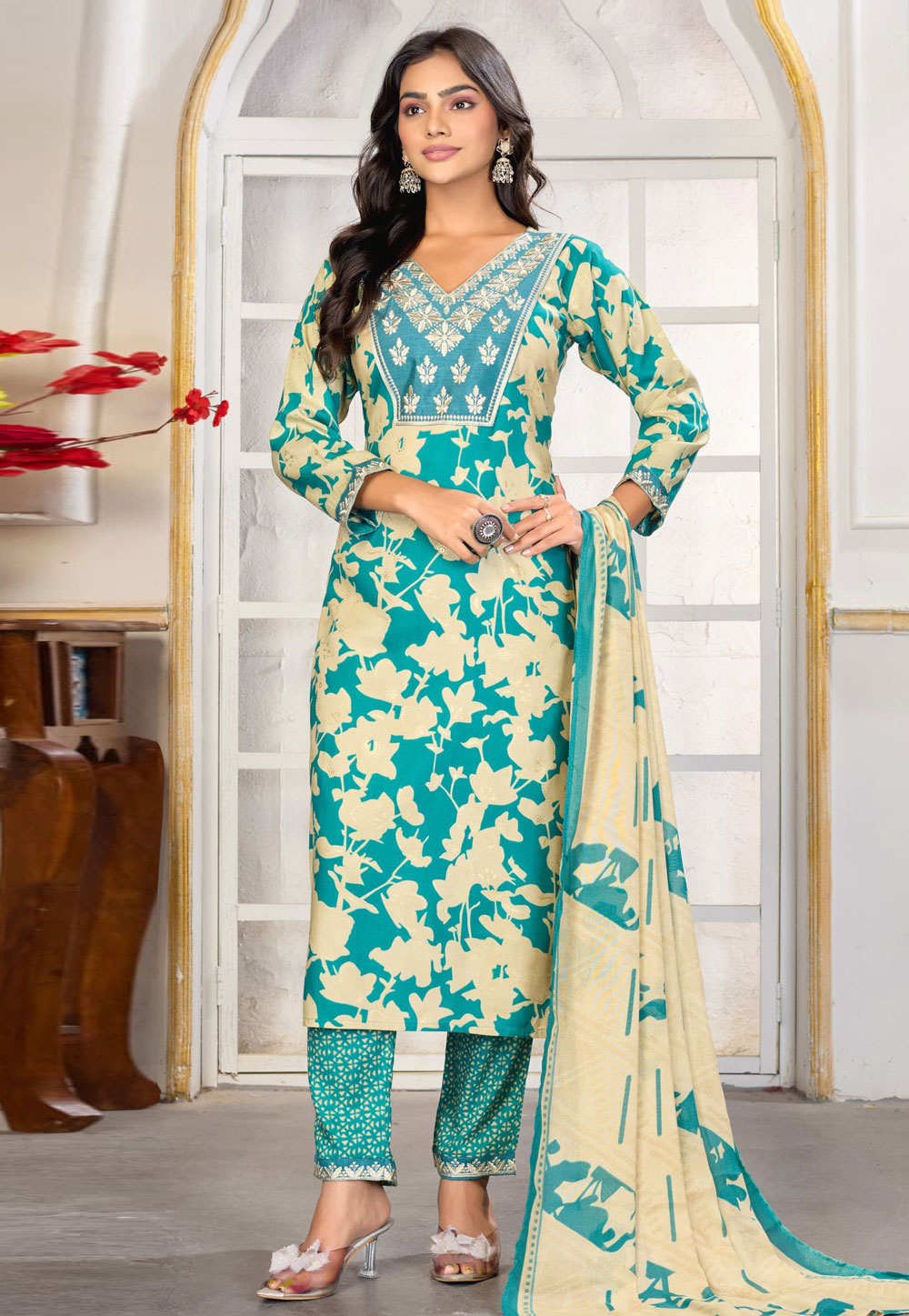 Teal Rayon Readymade Pakistani Suit 318719