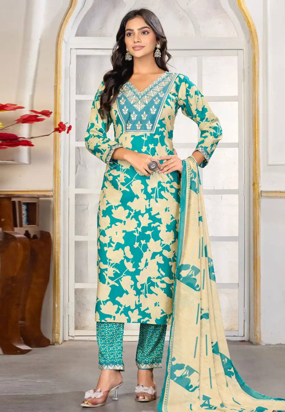 Teal Rayon Readymade Pakistani Suit 318719