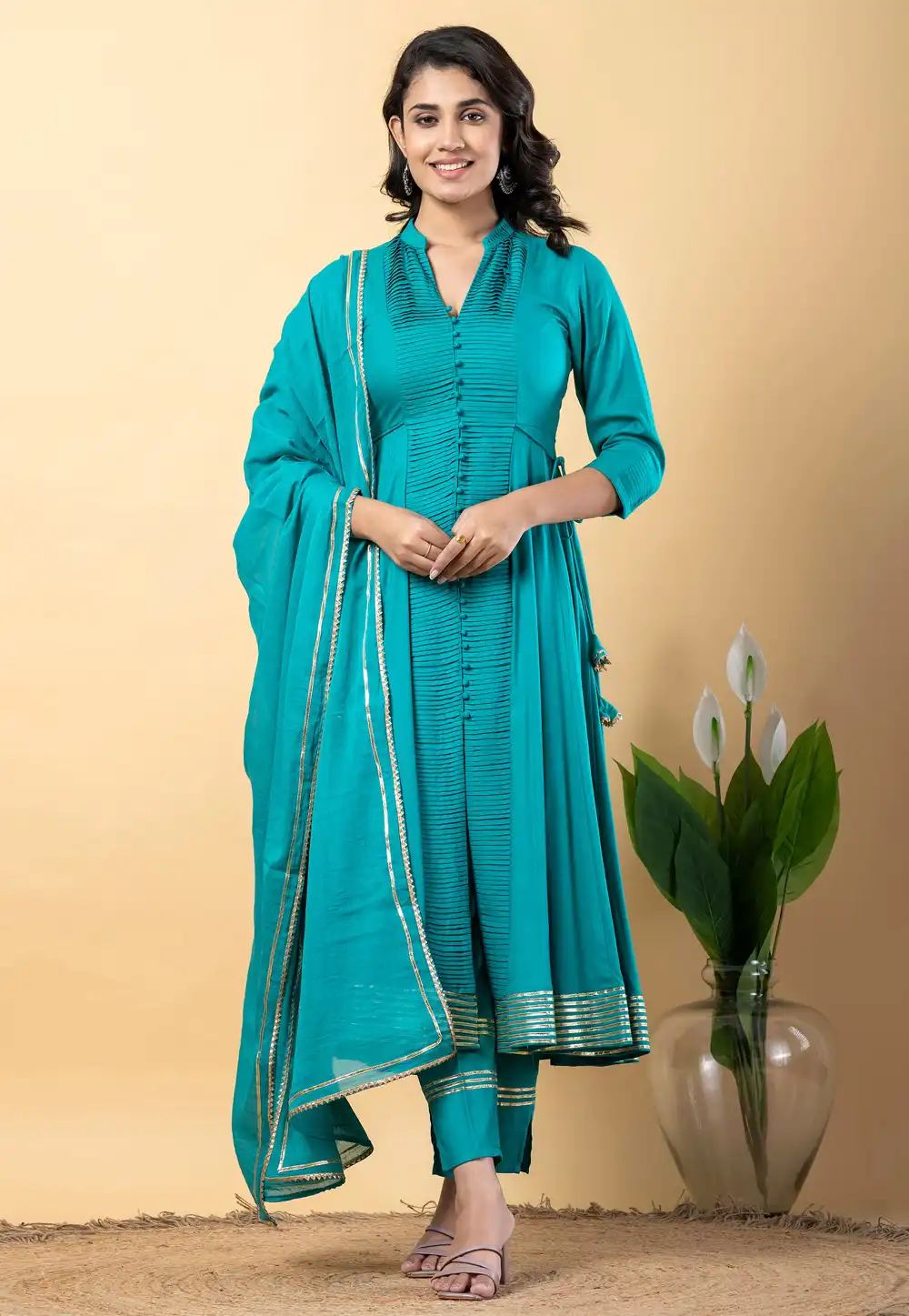 Teal Rayon Readymade Pant Style Suit 317099