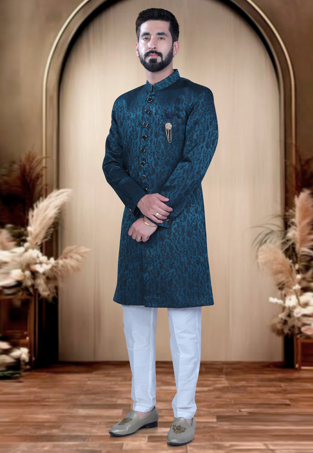 Teal Satin Achkan Style Sherwani 319680