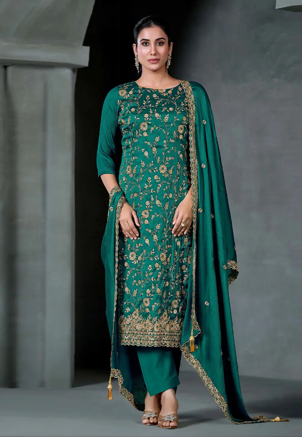 Teal Satin Chiffon Embroidered Straight Suit 336771