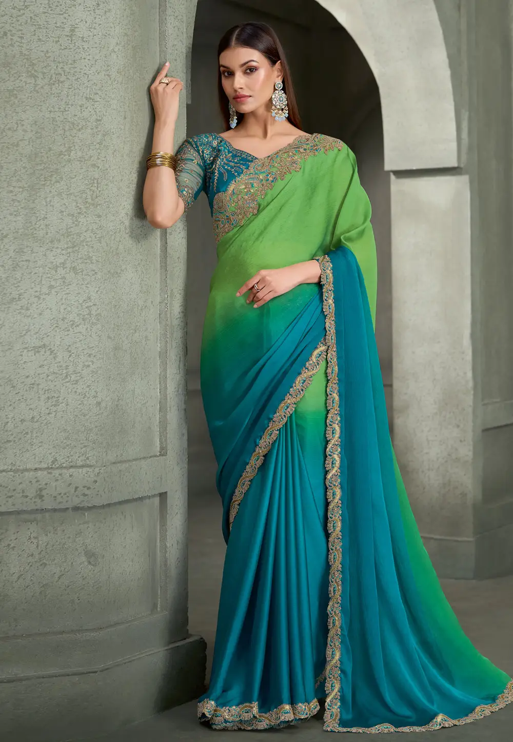 Teal Satin Chiffon Half N Half Saree 335317