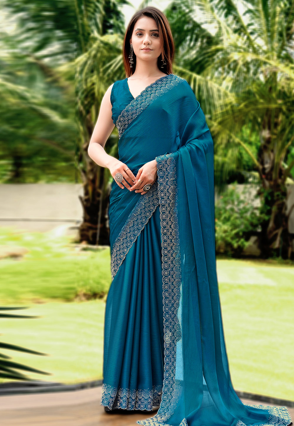 Teal Satin Chiffon Saree With Blouse 327212