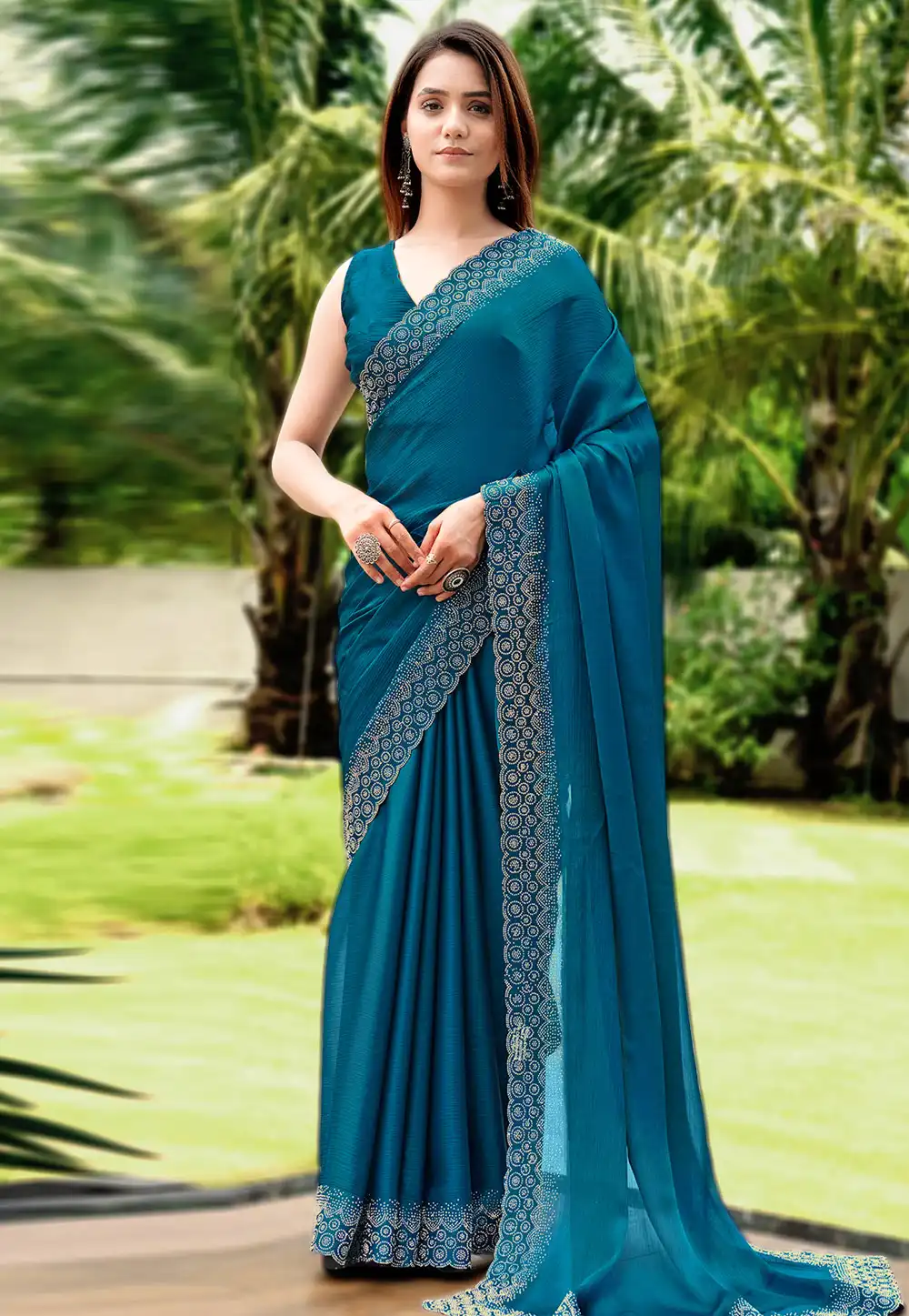 Teal Satin Chiffon Saree With Blouse 327212