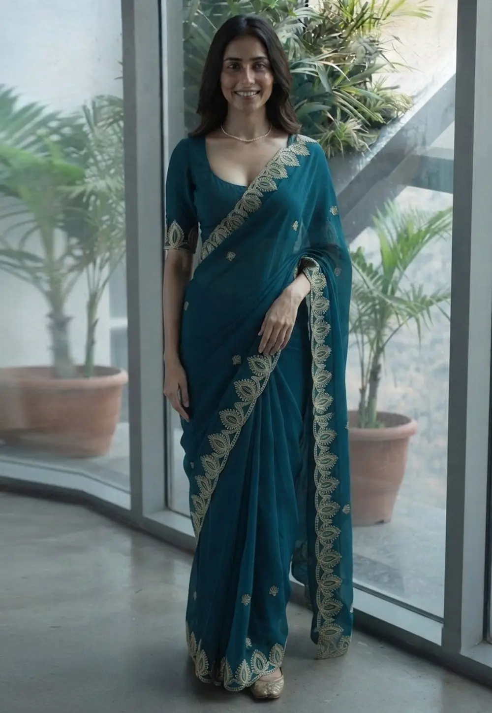 Teal Satin Chiffon Saree With Blouse 333606
