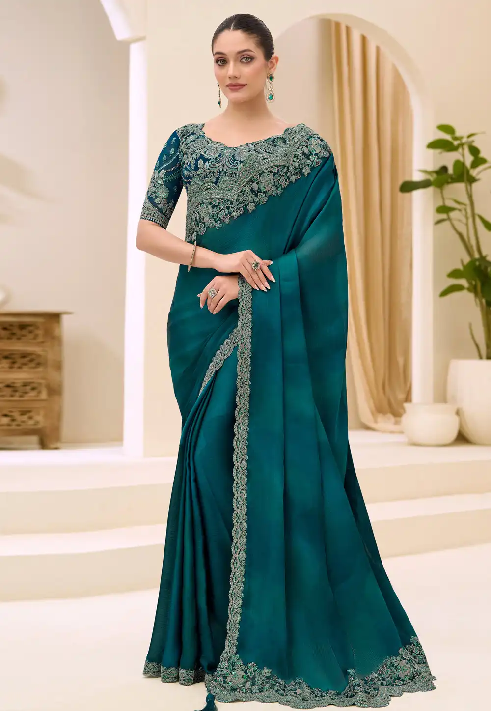 Teal Satin Chiffon Saree With Blouse 326388