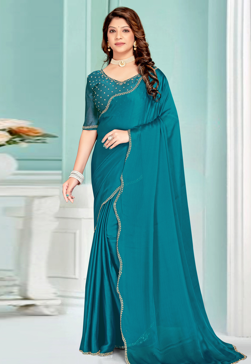 Teal Satin Chiffon Saree With Blouse 311610