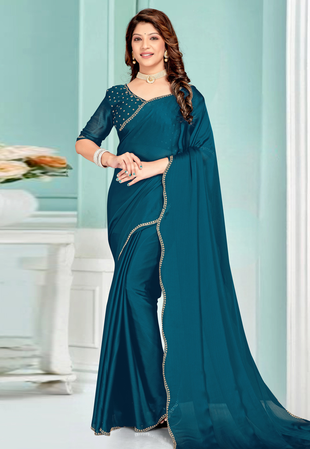Teal Satin Chiffon Saree With Blouse 311612