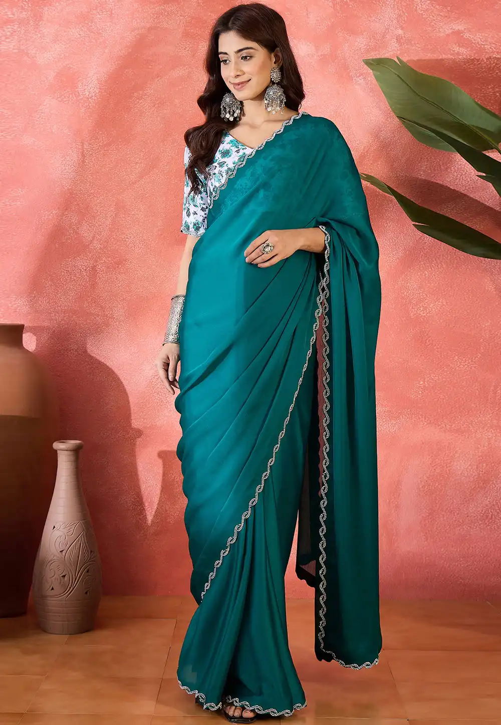 Teal Satin Chiffon Saree With Blouse 316731