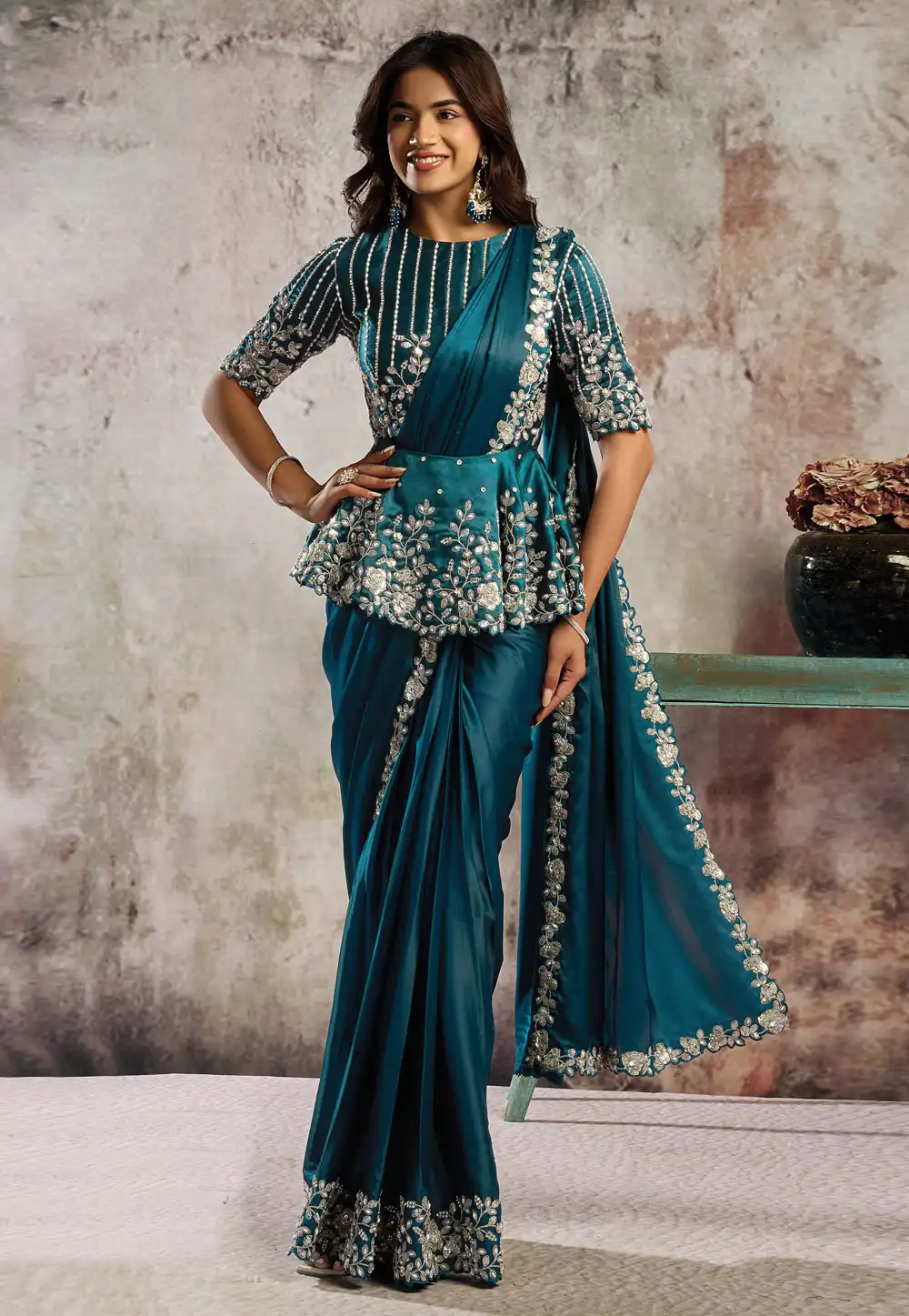 Teal Satin Designer Saree 324398