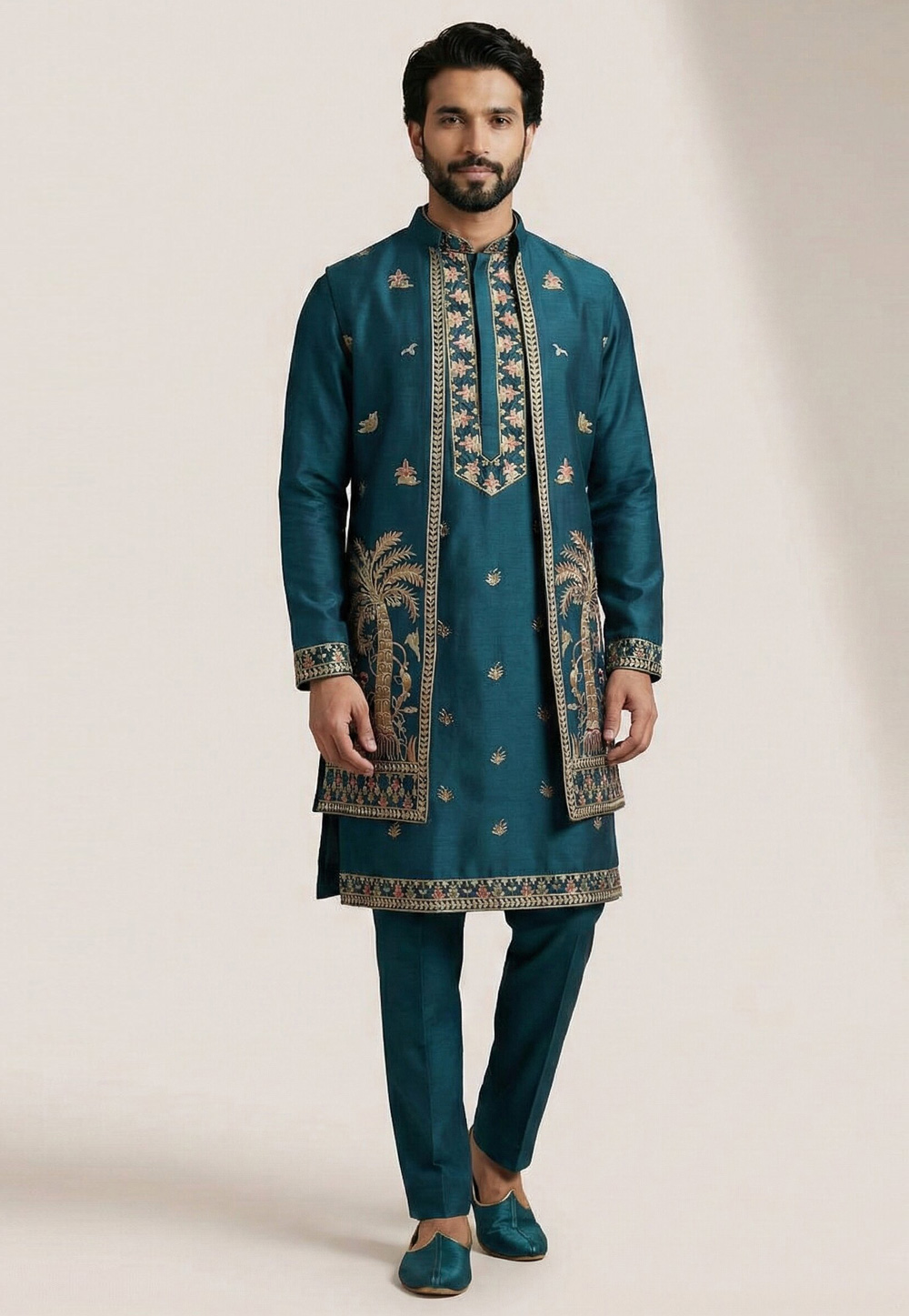 Teal Satin Indo Western Suit 324592