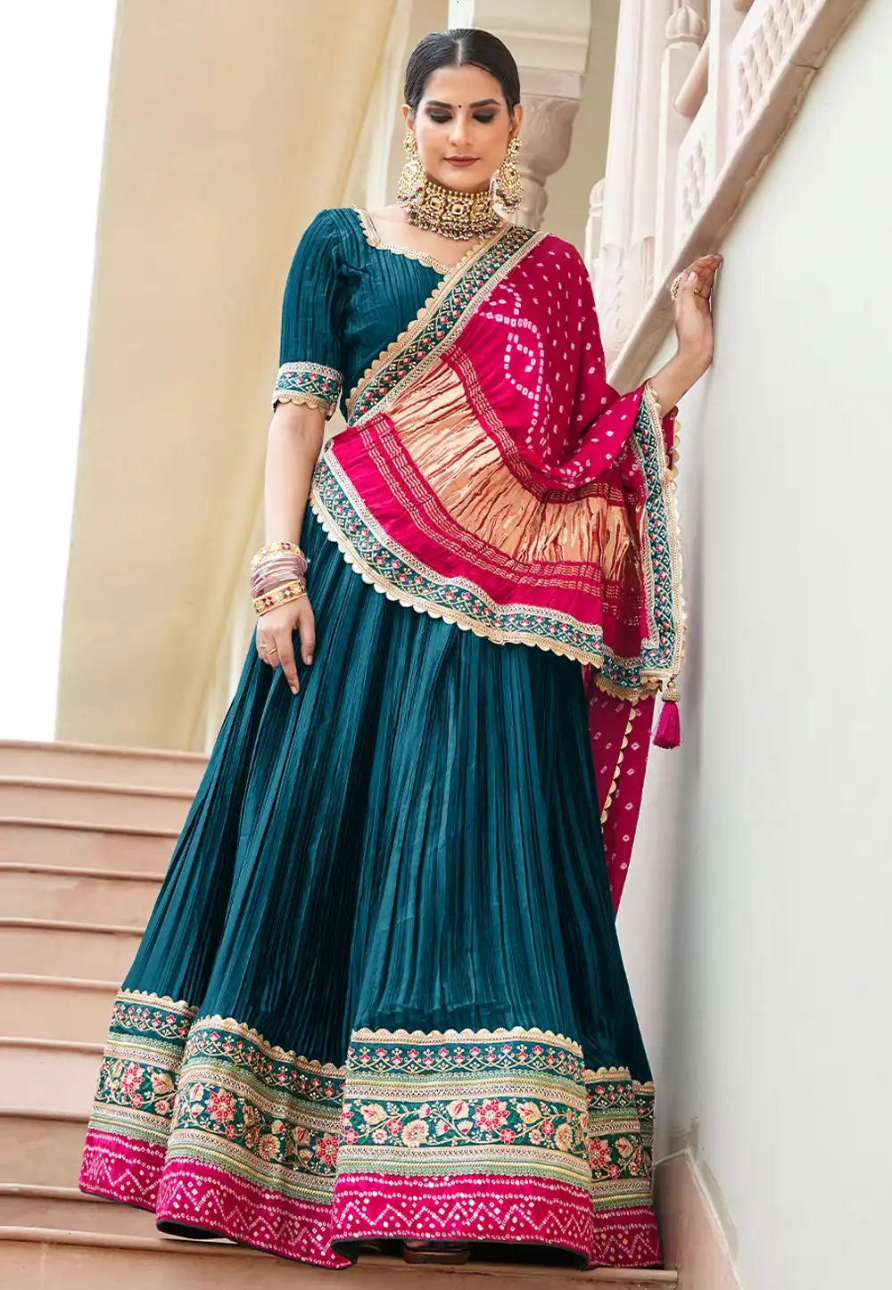 Teal Satin Lehenga Choli 313920