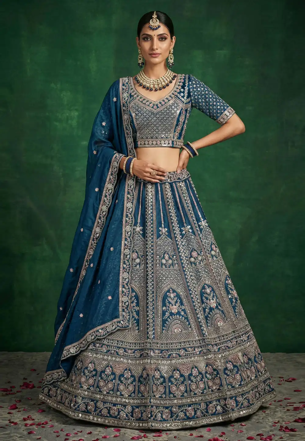 Teal Satin Lehenga Choli 323363
