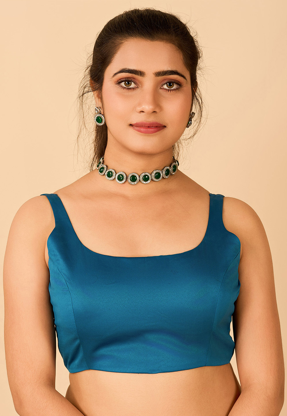 Teal Satin Readymade Blouse 285306