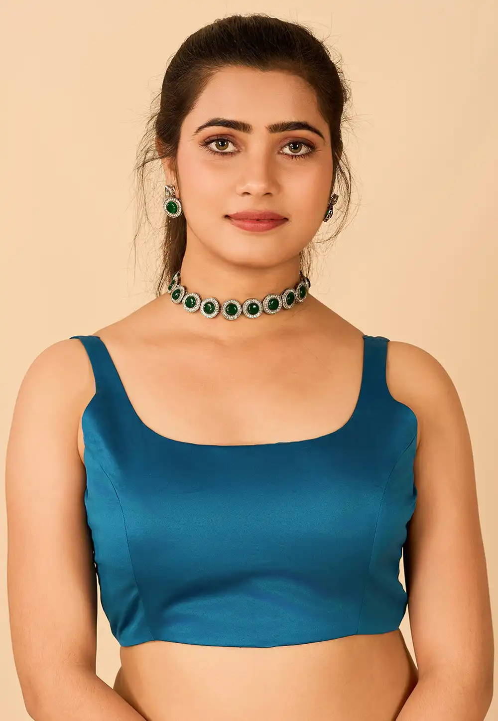 Teal Satin Readymade Blouse 285306