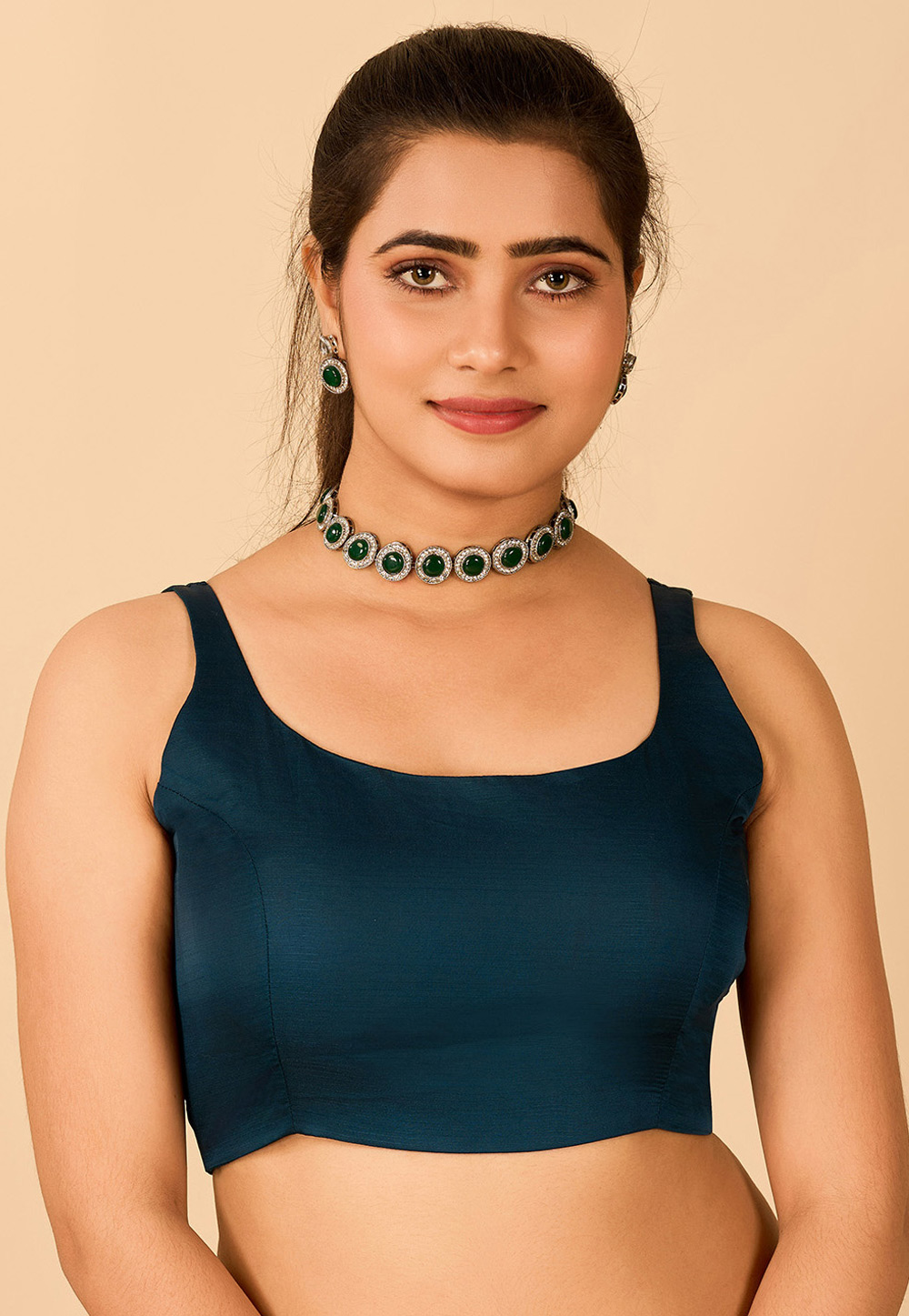 Teal Satin Readymade Blouse 285311