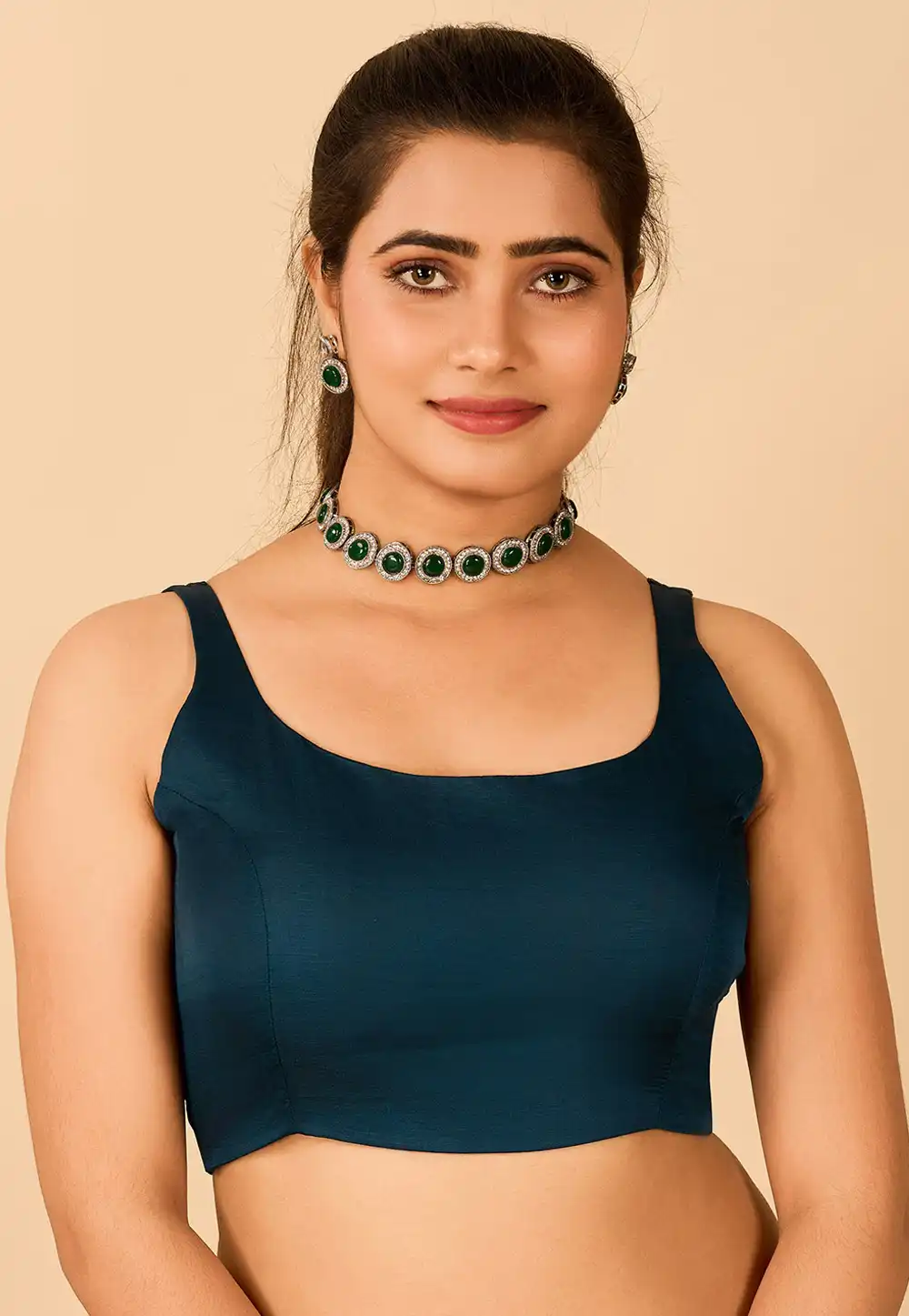 Teal Satin Readymade Blouse 285311