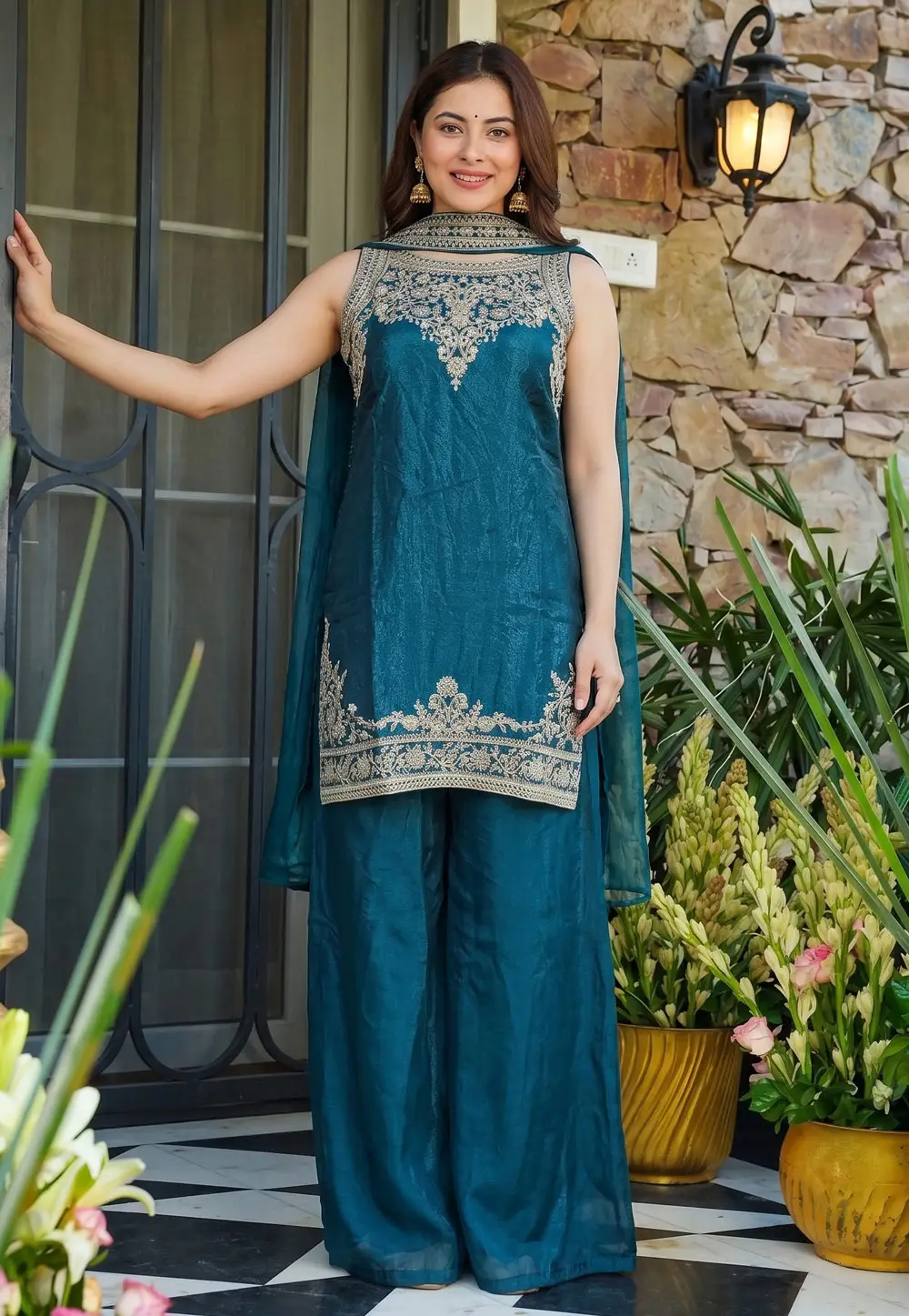 Teal Satin Readymade Palazzo Suit 337242