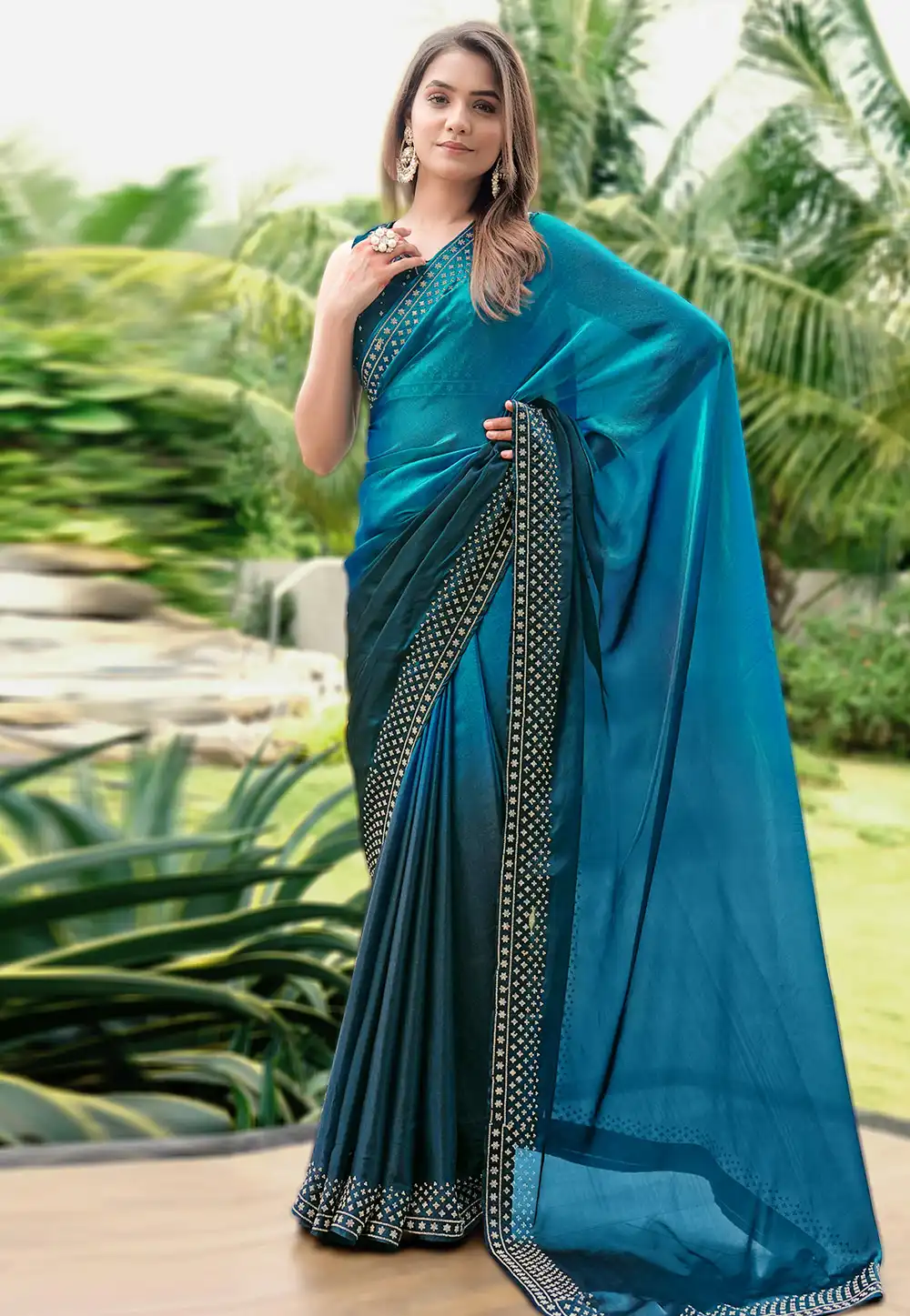 Teal Satin Saree With Blouse 327214