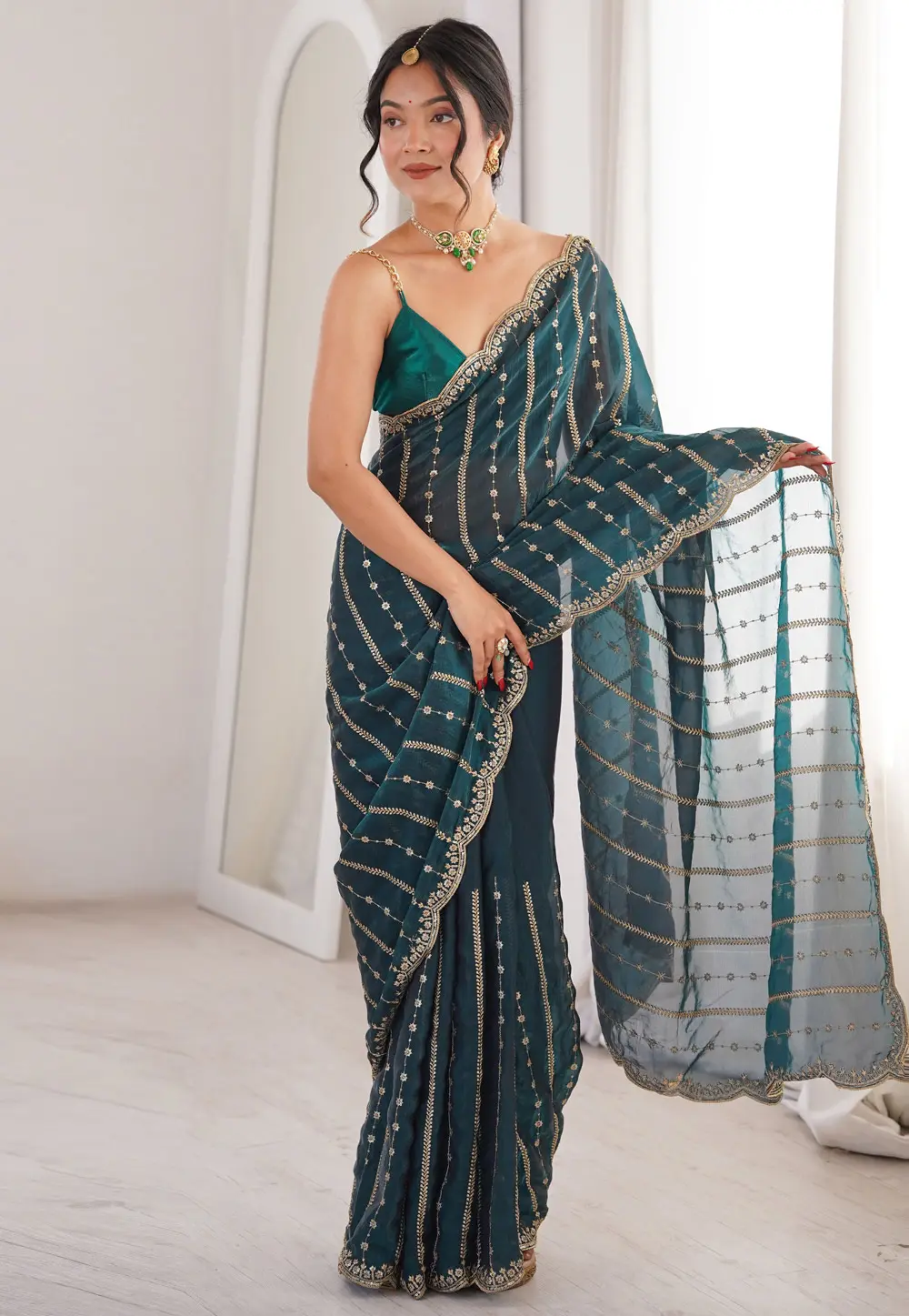 Teal Satin Saree With Blouse 331442