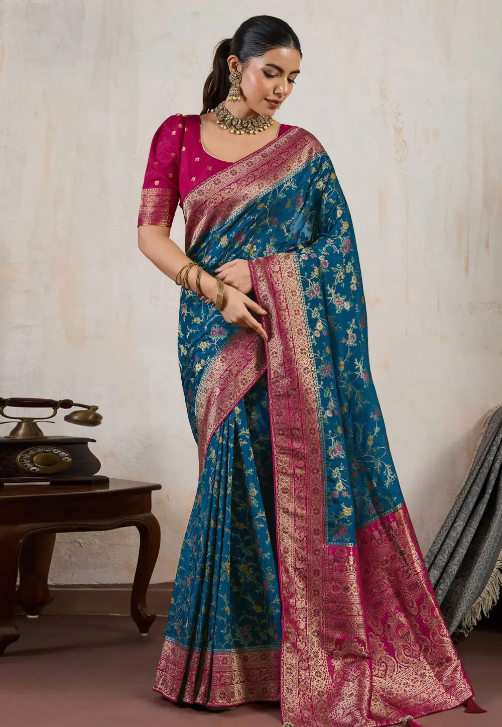 Teal Satin Saree With Blouse 333984