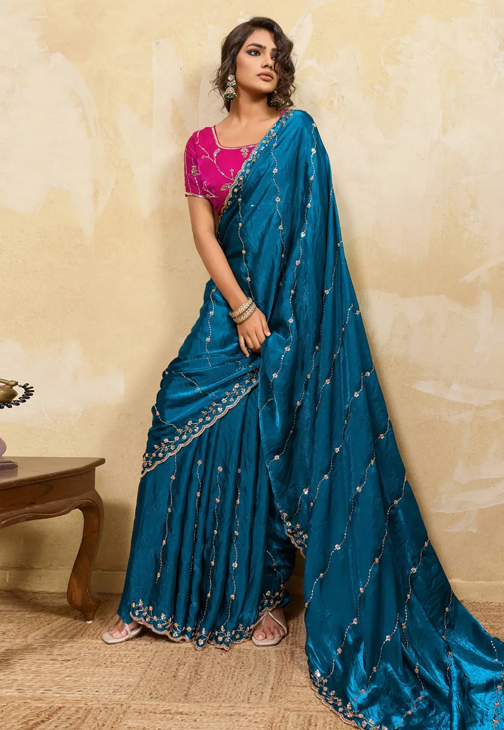 Teal Satin Saree With Blouse 334018